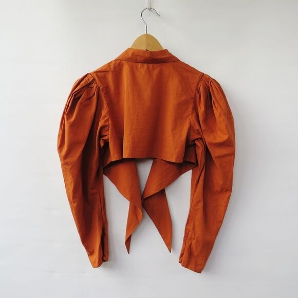 WeWoreWhat Womens Small Bisou Burnt Orange Puff Sleeve Tie Front Crop Blouse - Picture 8 of 16